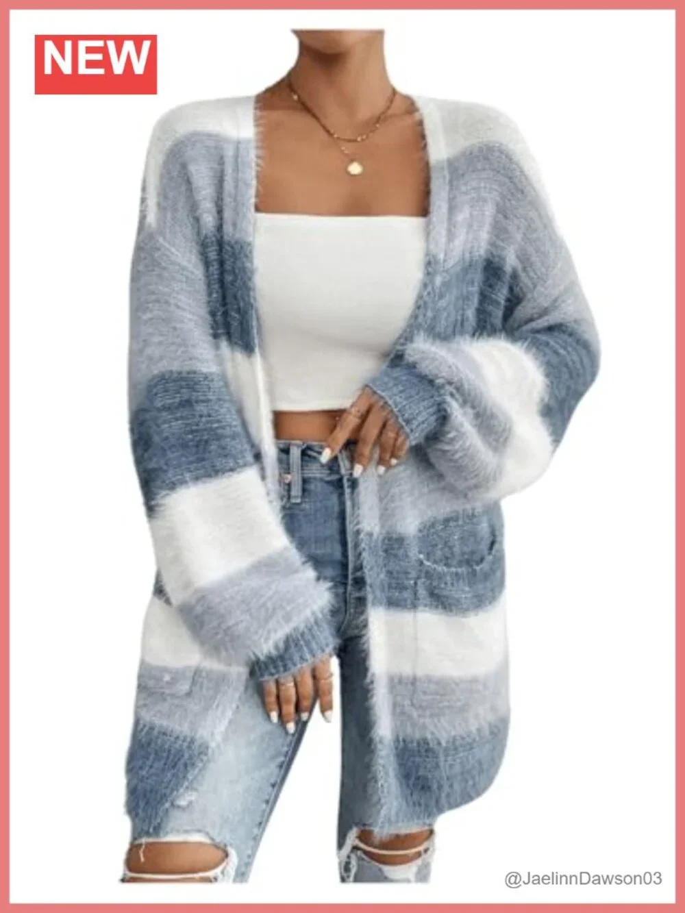Colorblock Fuzzy Knit Cardigan Sweater Open Front Long Sleeve with Pockets